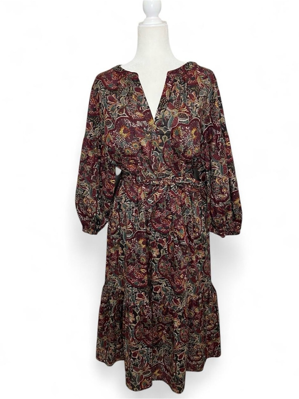 Lauren Ralph Lauren burgundy floral and paisley cotton voile tiered midi dress - Picture 2 of 7